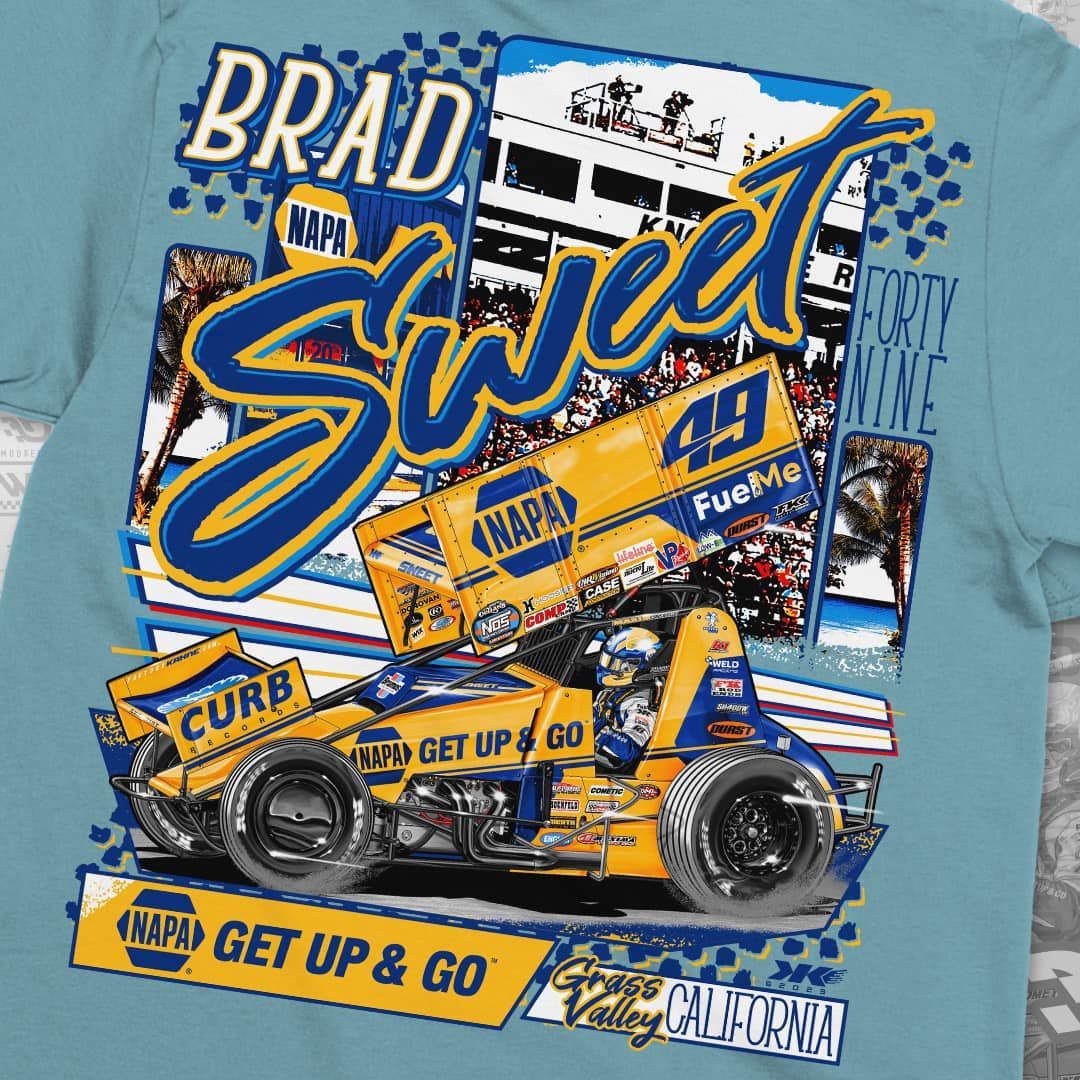 A gray t-shirt with a picture of a race car on it