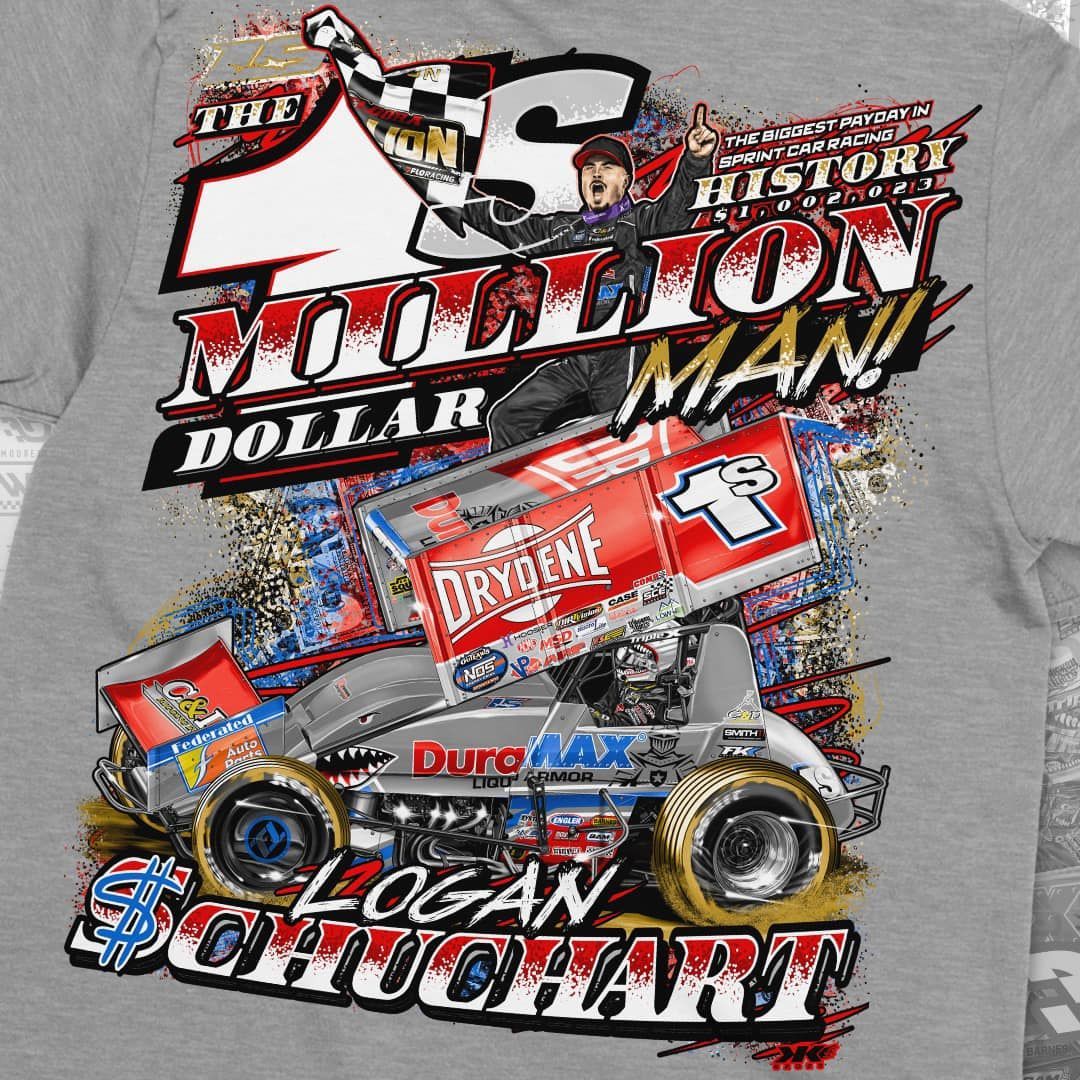 A white t-shirt with two race cars on it