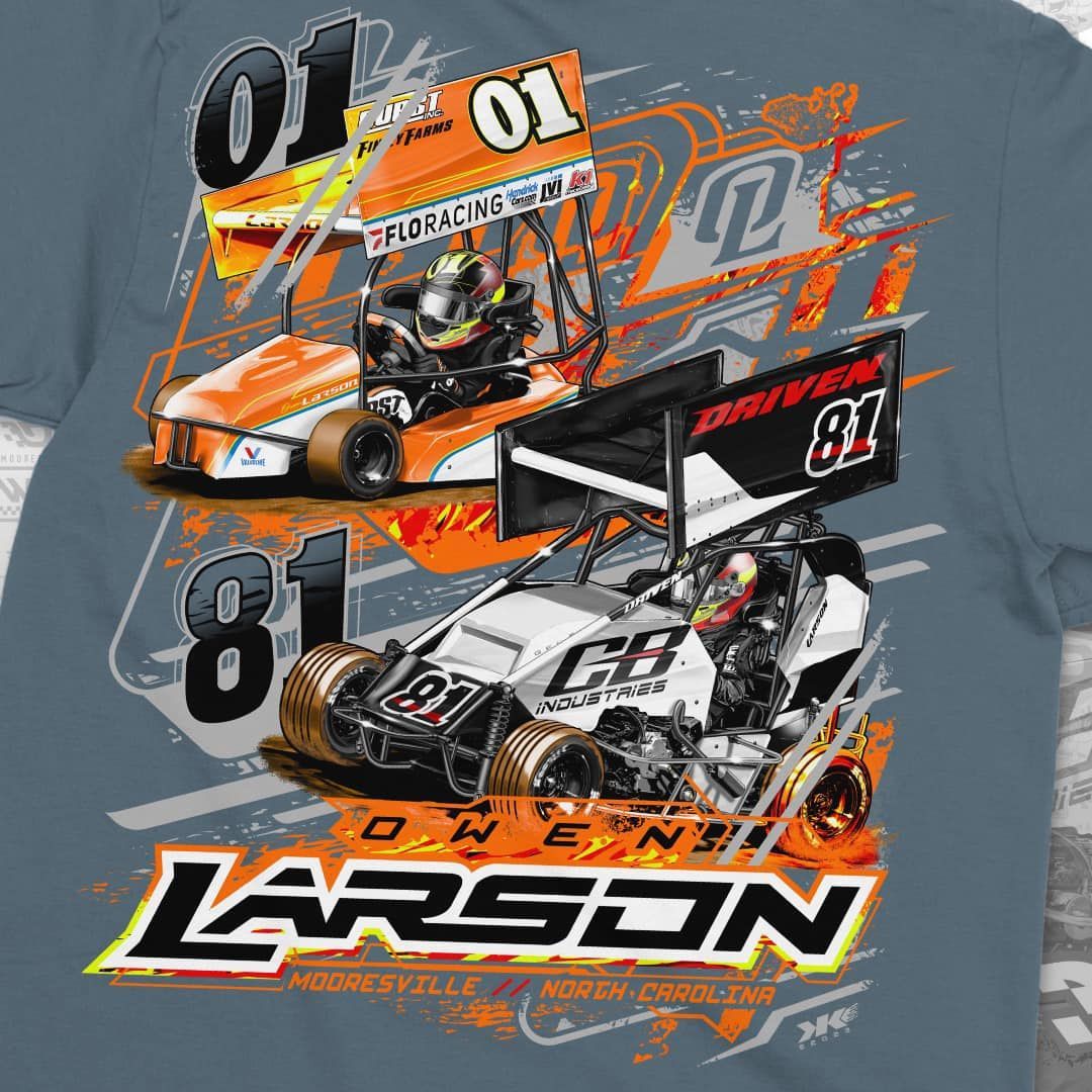 A t-shirt with a picture of two race cars on it.