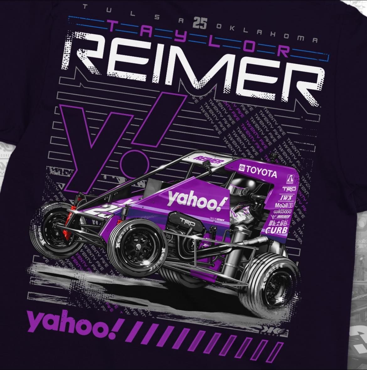 A purple t-shirt with a picture of a race car on it