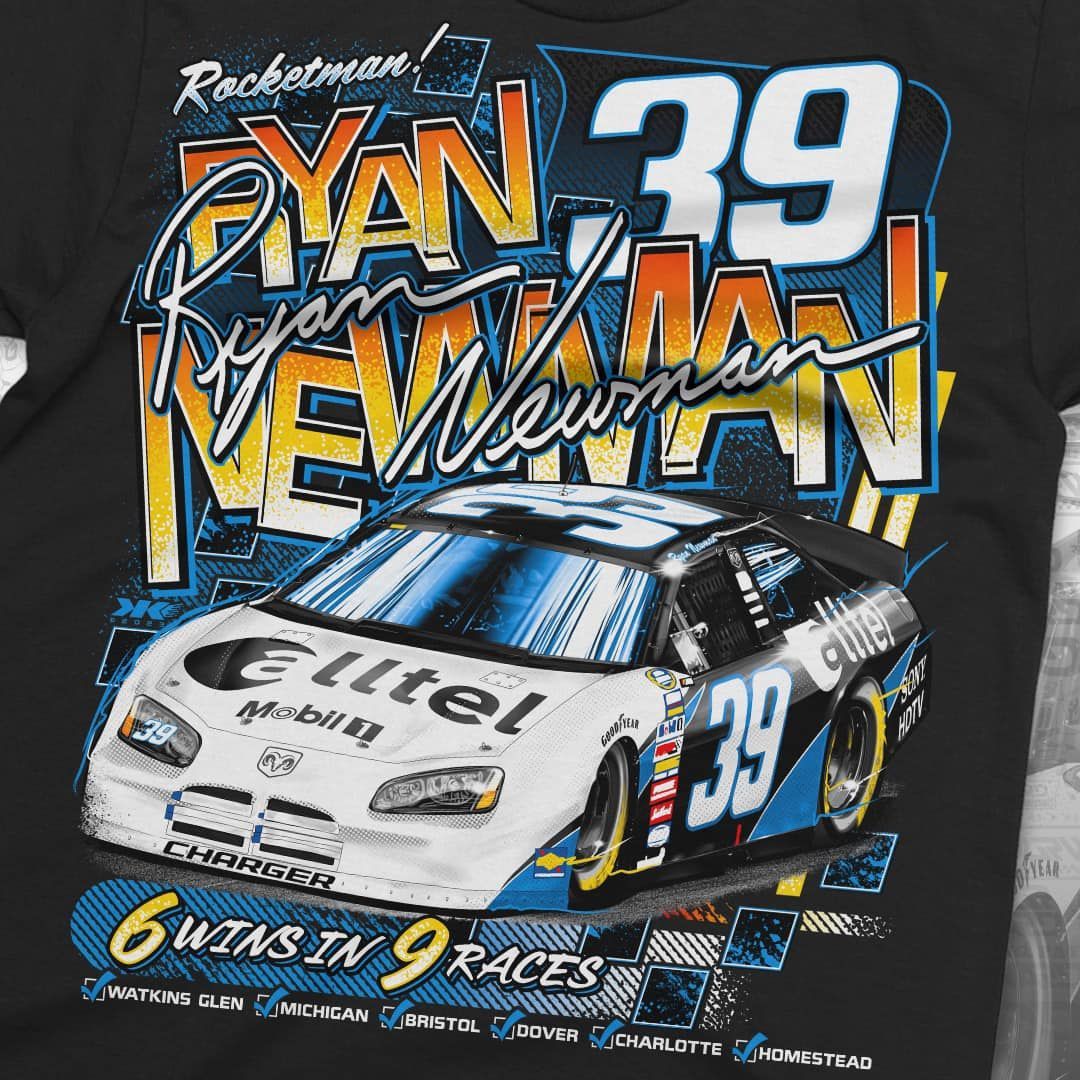 Ryan newman is wearing a black t-shirt with a race car on it.