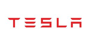 The tesla logo is red and white on a white background.