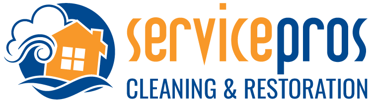 A blue and orange logo for service pros cleaning and restoration