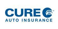 CURE Auto Insurance logo in blue with white icon on a white background