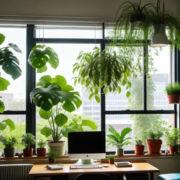 Bright home office with many potted green plants on shelves and a desk by large windows