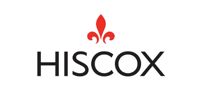 Hiscox logo with black text and a red fleur-de-lis symbol above it