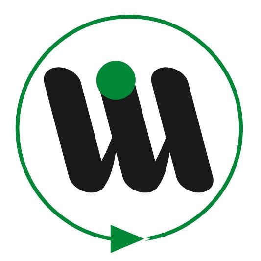 Black stylized &ldquo;M&rdquo; with a green dot and green circular arrow around it on a white background