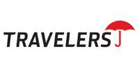 Travelers logo with black text and a red umbrella icon above the “J”