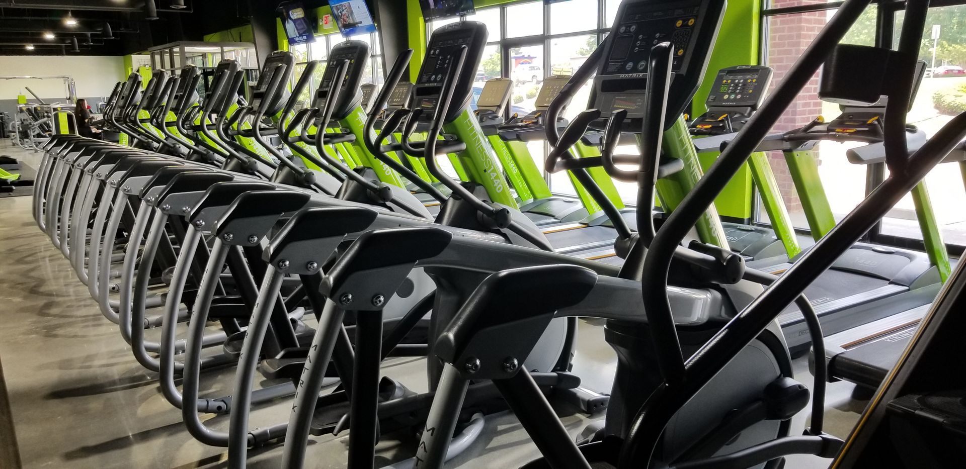 A row of treadmills and ellipticals in a gym.