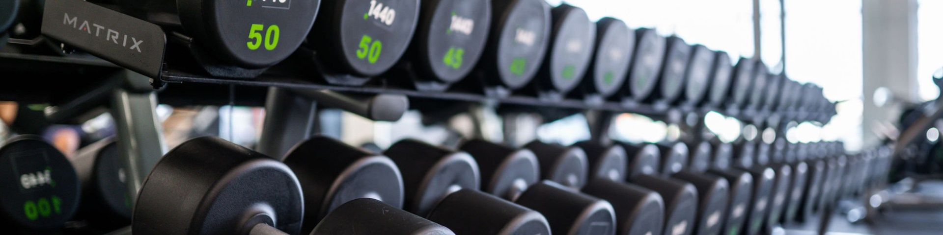A row of dumbbells are lined up in a gym.