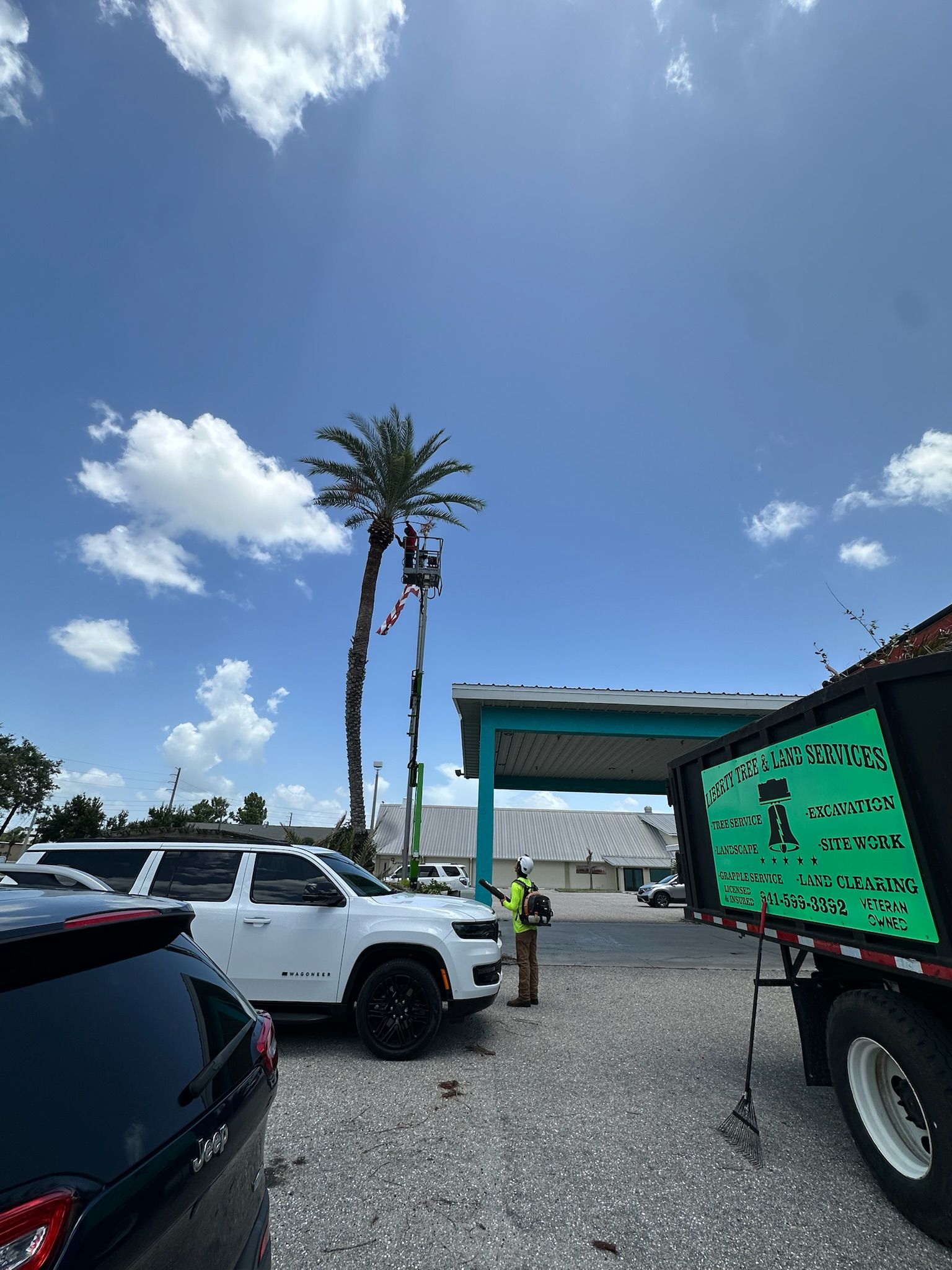 Person trims palm tree, next to white SUV, dump truck, under blue sky with clouds.