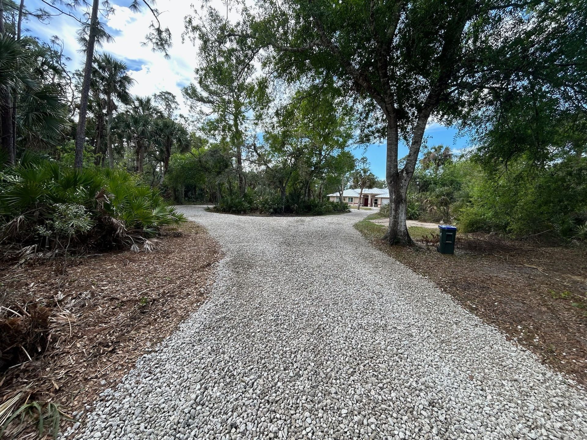 Gravel path splits, trees and bushes frame the view. A building is visible in the distance.