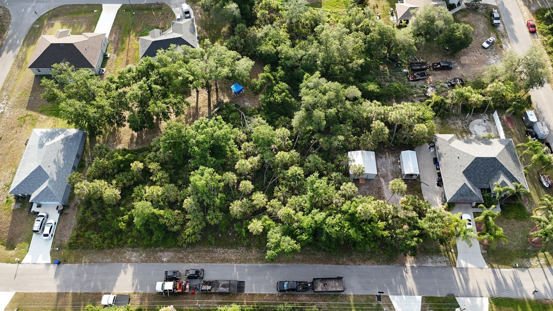 Aerial view of a vacant lot filled with trees, surrounded by residential houses and paved roads.
