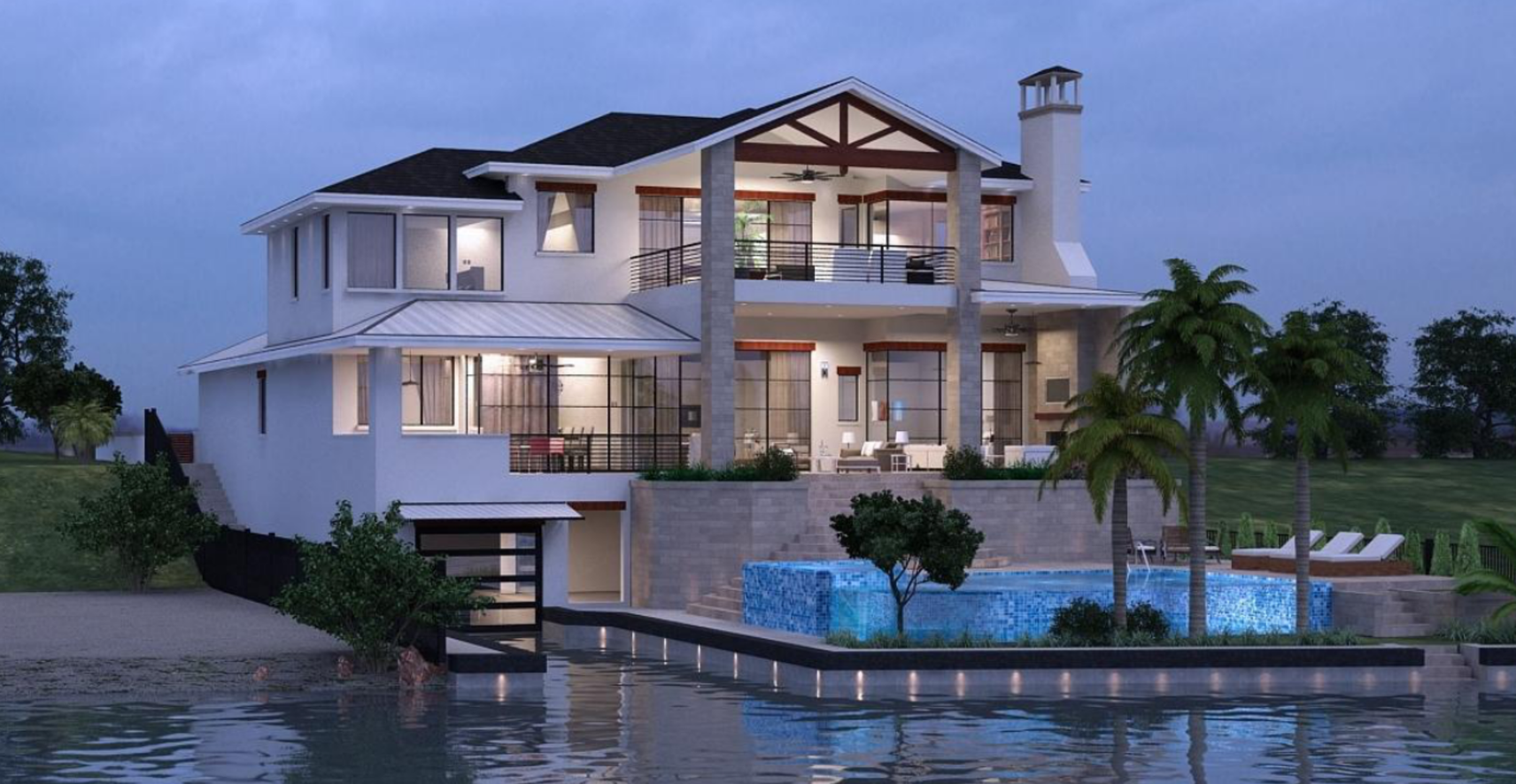 Two-story white house with a pool on the water; evening setting.
