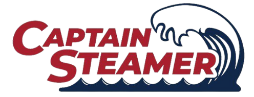 a logo for captain steamer with a wave in the background .