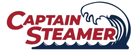 a logo for captain steamer with a wave in the background .