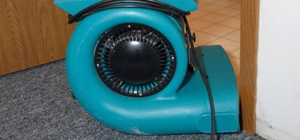 a blue blower is sitting on a carpet next to a door .
