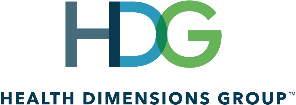 The logo for the health dimensions group is blue and green.