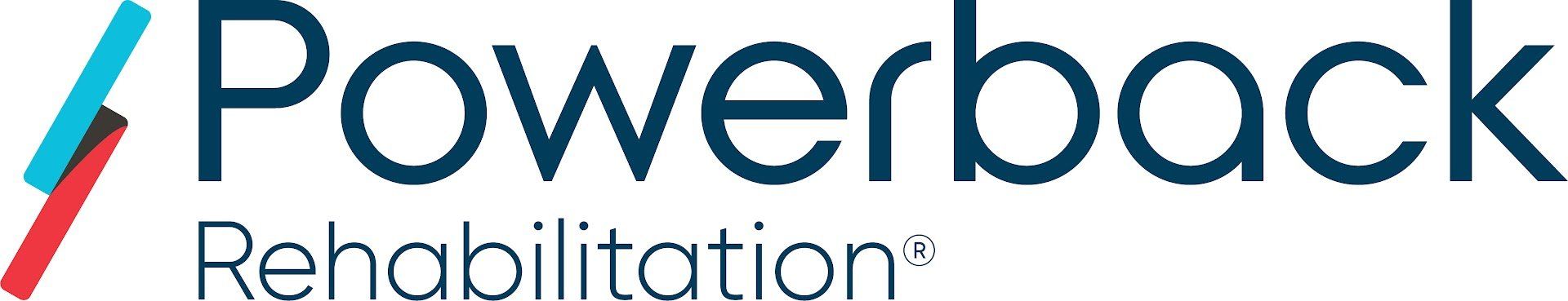 The logo for powerback rehabilitation is blue and red.