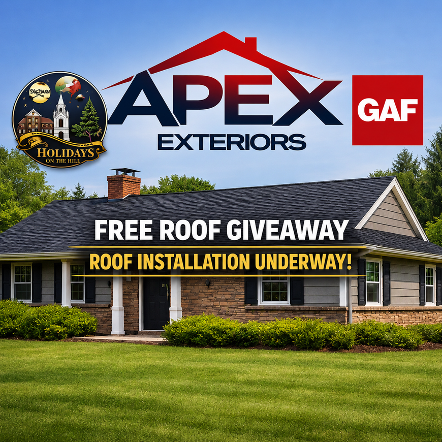 APEX Exteriors and GAF ad over a house: “Free Roof Giveaway” and “Roof installation underway!”