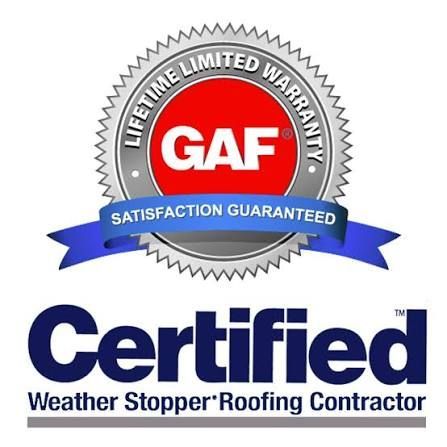 GAF Certified Weather Stopper Roofing Contractor badge with red, blue, and silver seal