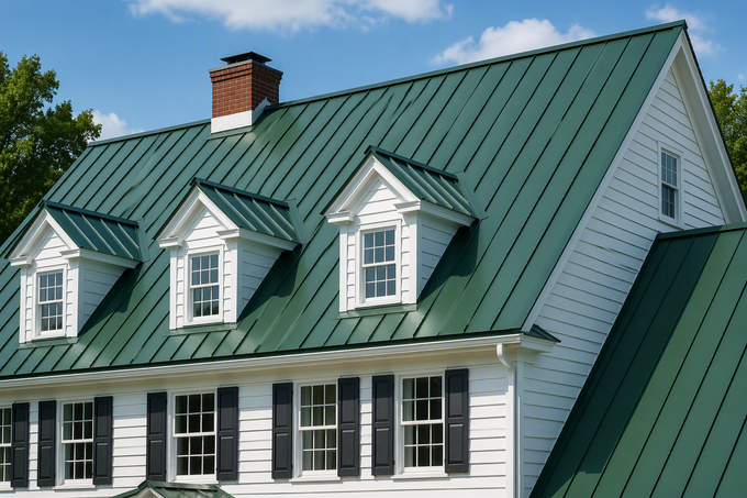 White house with green metal roof and dormer windows under a blue sky