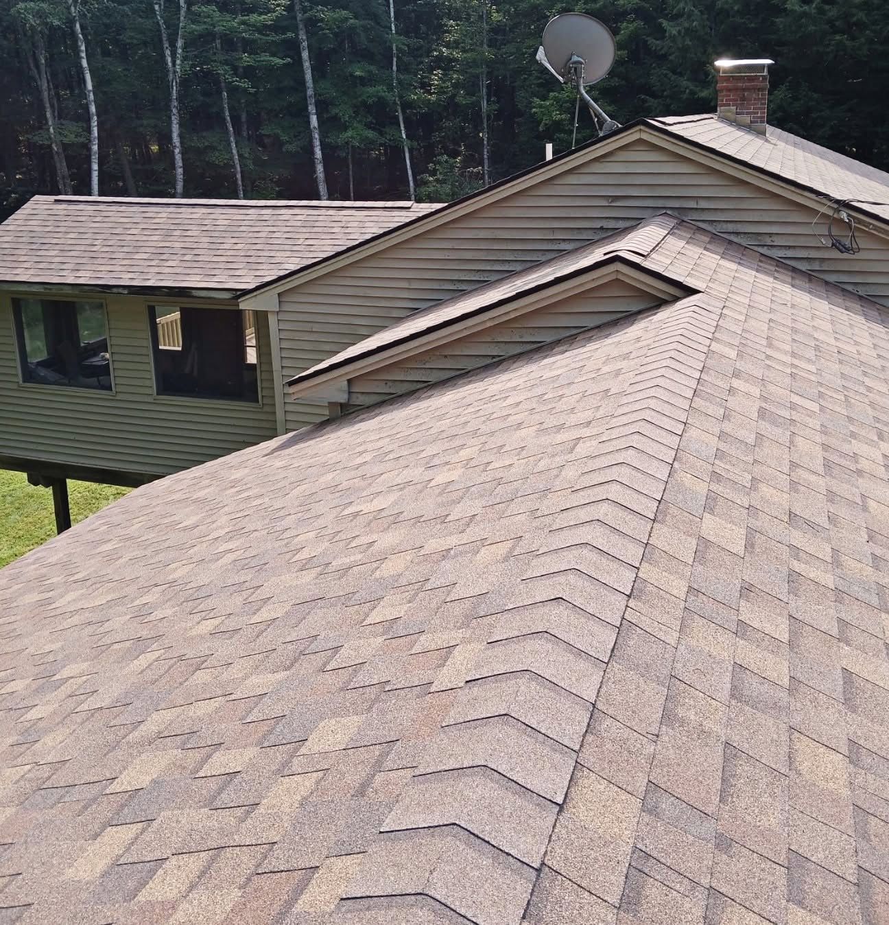 View from a shingled roof beside a house, with trees and a satellite dish in the background.