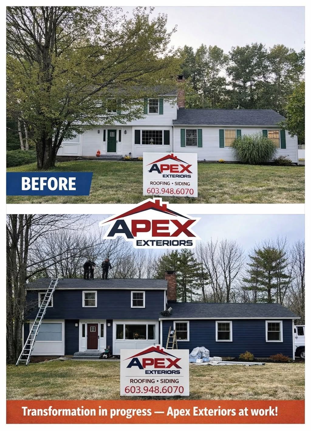 Before-and-after exterior home renovation by Apex Exteriors, showing a white house updated to navy blue siding.