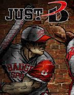 An artwork of a baseball player holding a bat in front of a brick wall.