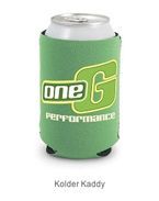 a green can cooler with a logo on it .