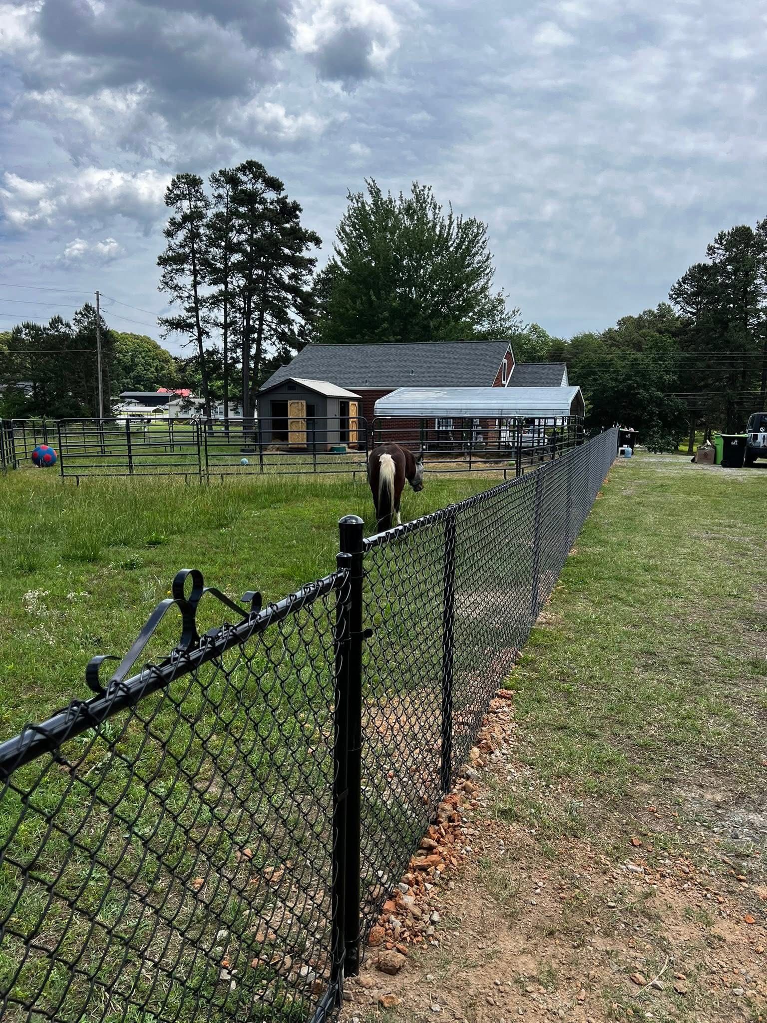 Chain-link fence leading to a small house with a porch under a cloudy sky