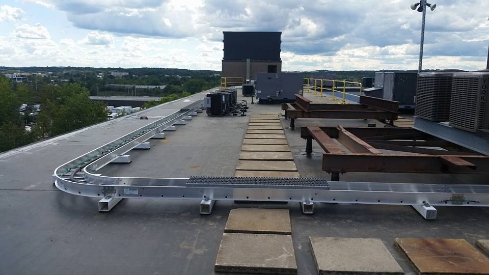 The roof of a building with a staircase leading up to it.