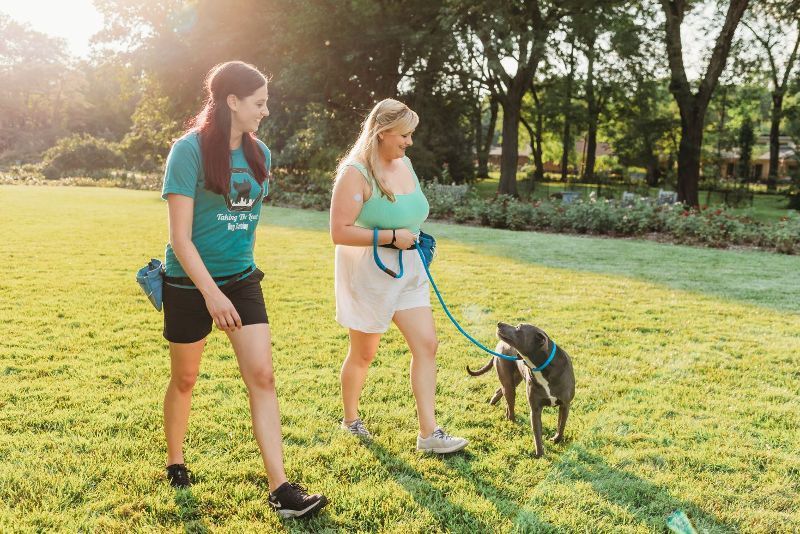 Two women are walking a dog on a leash in a park.