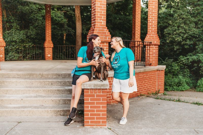 Two women are sitting on the steps of a gazebo holding a dog.