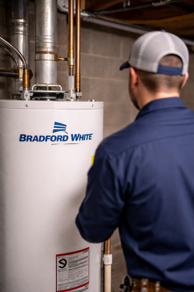 Technician inspecting a Bradford White water heater in a utility room