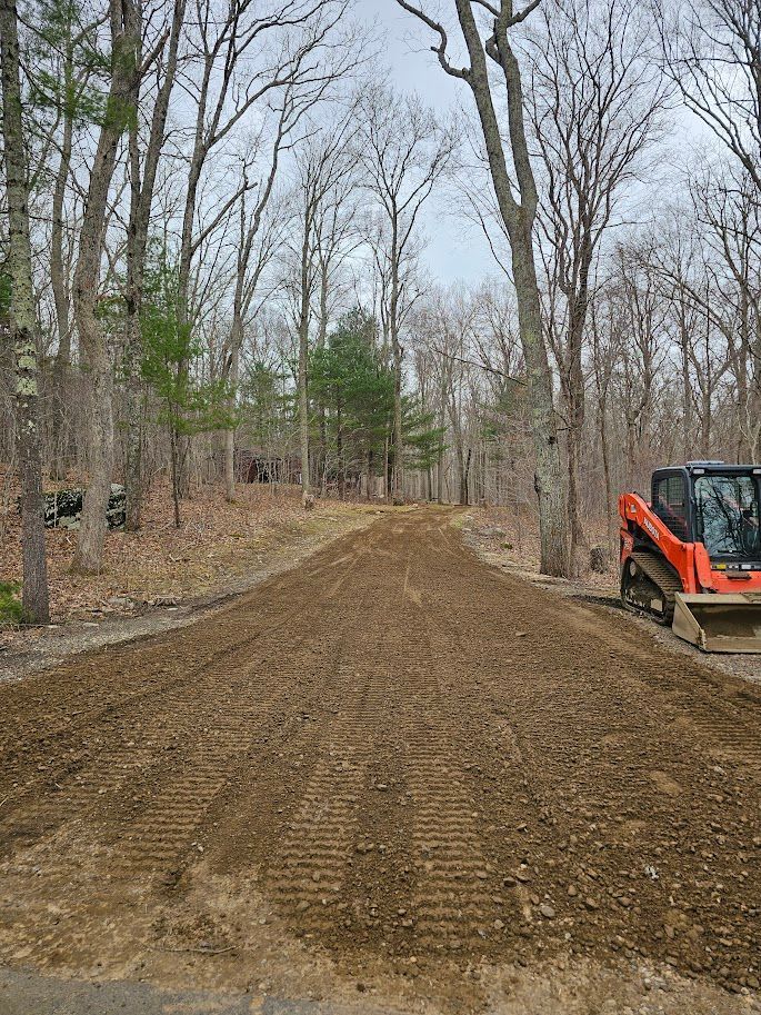A bright orange skid steer parked on a freshly cleared dirt driveway in a wooded area.