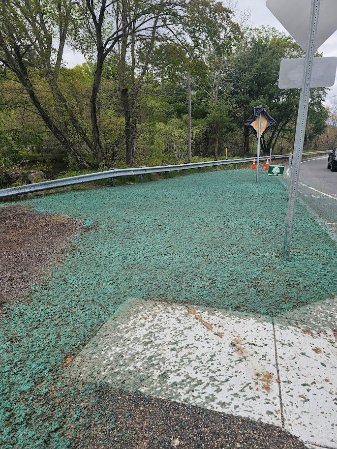 A roadside embankment covered in green spray, near a guardrail and sidewalk.
