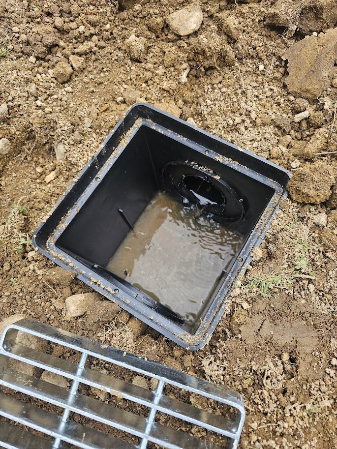 Open, black plastic drain basin in dirt, partially filled with water, metal grate nearby.