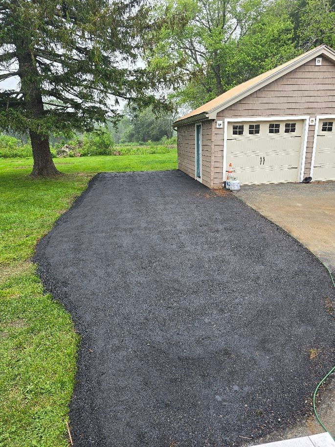 Black asphalt driveway next to a tan garage and green lawn, under an overcast sky.