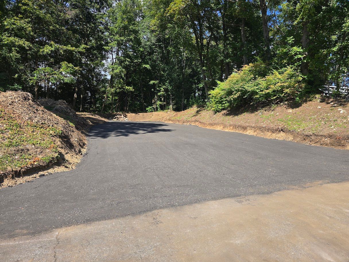 Asphalt driveway leading into a wooded area with trees.