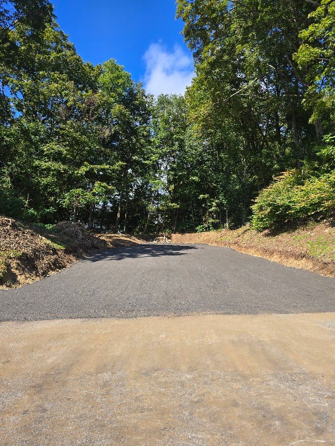 Asphalt driveway leading into a forested area with a partly cloudy sky.