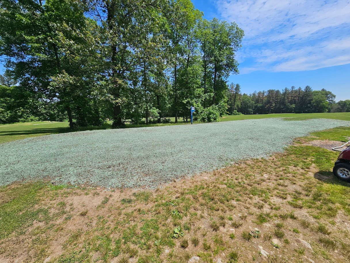 A patch of gravel laid on a grass lawn near a line of trees on a bright day