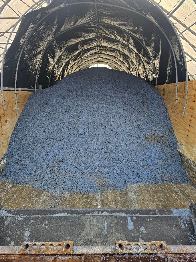 A large pile of blue rubber pellets inside a covered enclosure.
