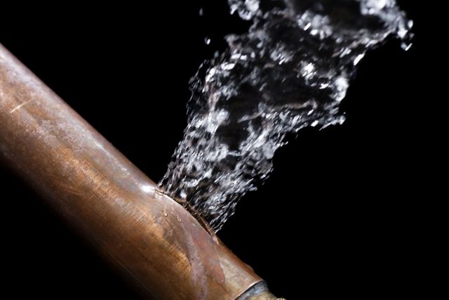 Water spraying from a damaged brown pipe against a black background
