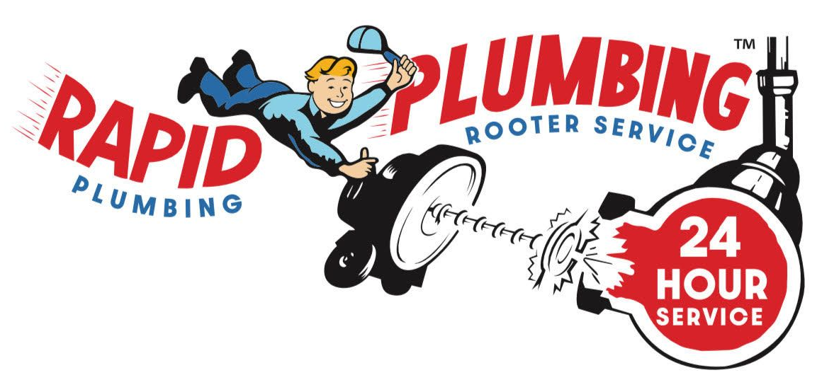 Logo for Rapid Plumbing: A cartoon plumber uses a rooter, promising 24-hour service.