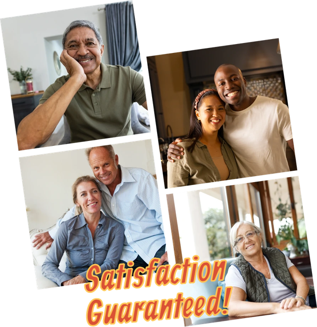Collage: Four smiling adults, diverse ethnicities, indoors. 