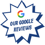 Google Reviews badge. Blue starburst with Google logo and text: