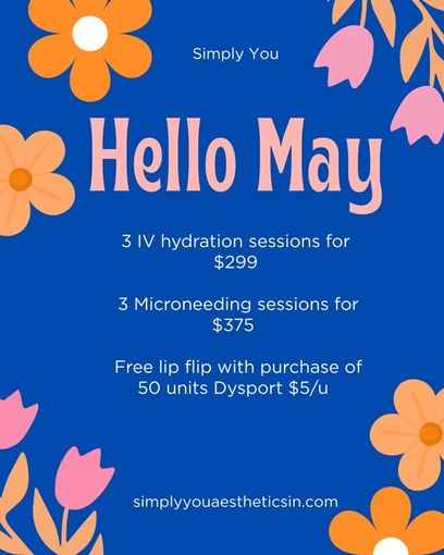 Blue floral Hello May promo for Simply You with facial specials and website.