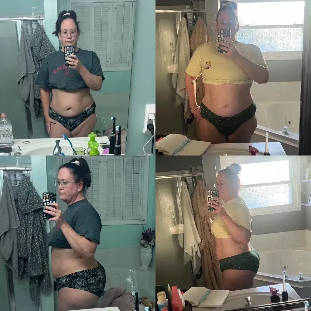 Four-panel photo: Woman in crop tops and underwear, selfies in bathroom, body changes, mirror, lighting, poses, hair up.