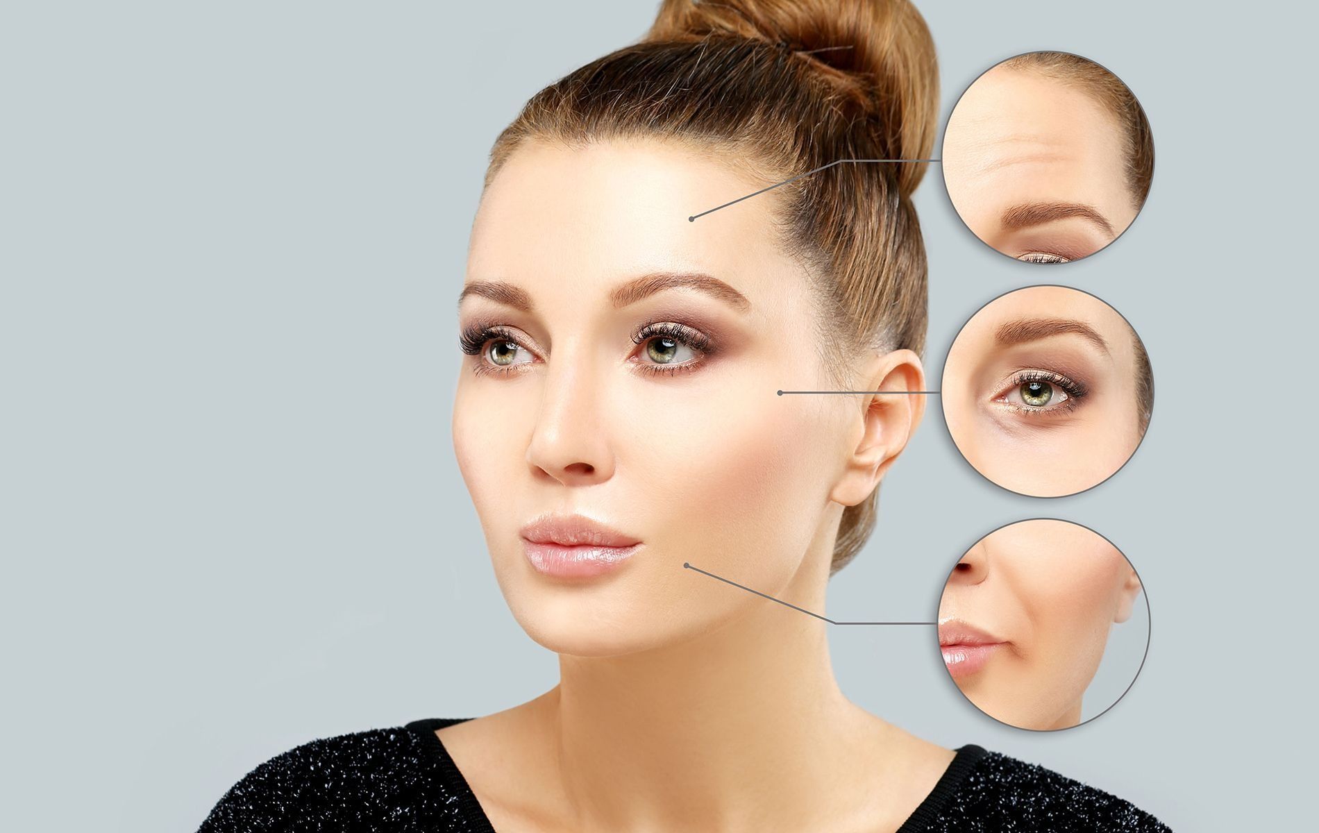 Woman's face with cosmetic surgery illustrations: forehead wrinkles, eye bags, and chin.
